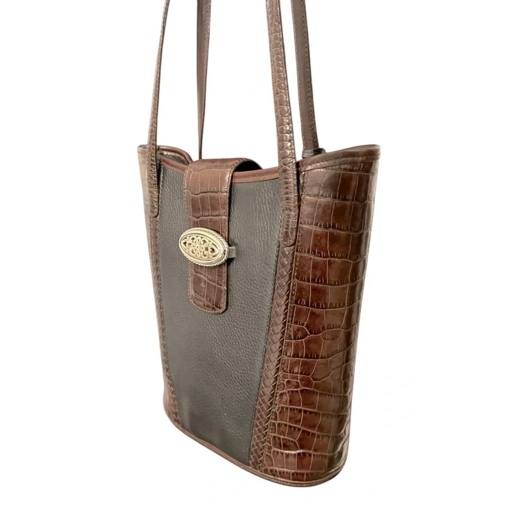 Brighton Black Leather Brown Croc Embossed Silver Bead‎ Two Handle Shoulder Bag